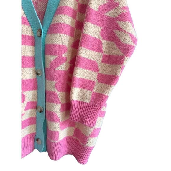 Listicle Womens Pink Blue Geometric Retro Button Front Oversized Cardigan Medium - Picture 8 of 8